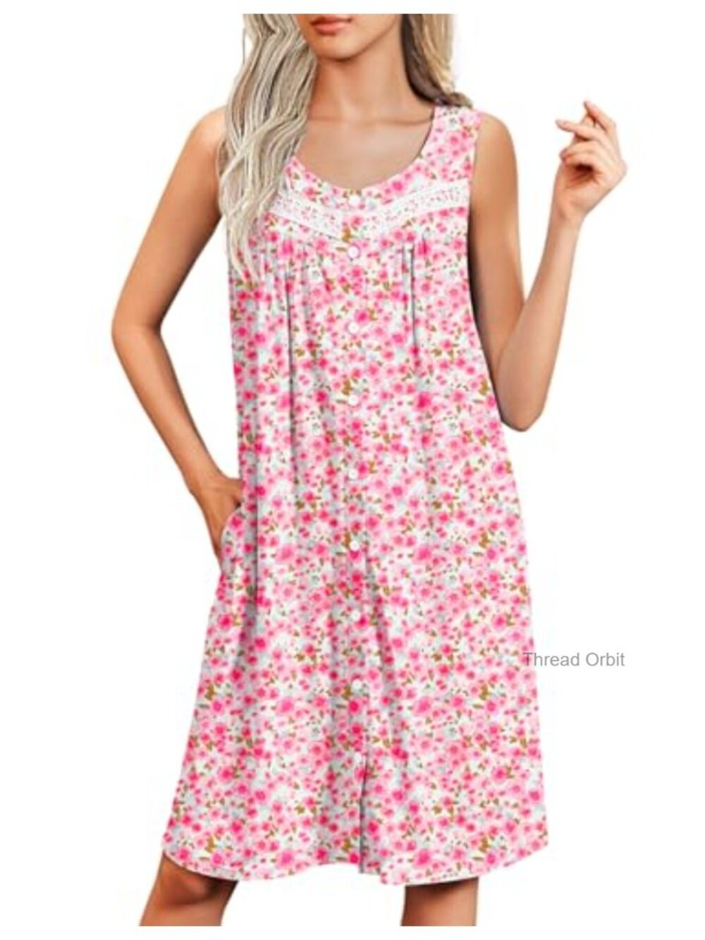 Sleeveless Nightgown Button Front Sleep Dress Lace Trim Pockets